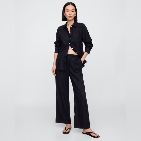 NWT! GAP Black Mid Rise Linen-Blend Pull-On Wide-Leg Pants - Size Large💎 - Picture 1 of 9